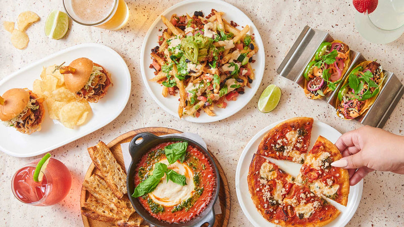 assorted dishes and drinks from the Cafe Gratitude menu